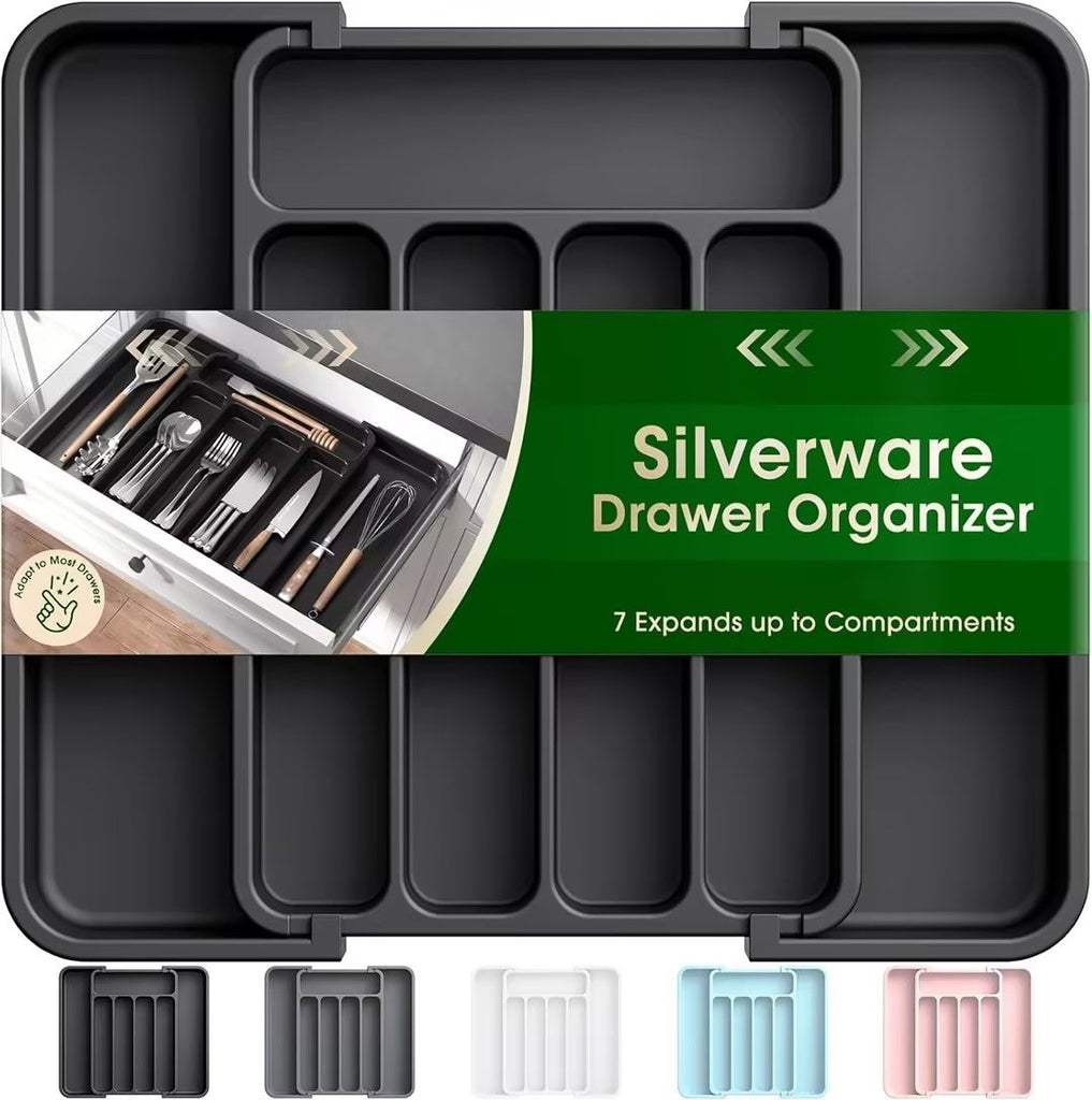 Silverware Drawer Organizer, Adjustable Utensil Cutlery Tray | Expandable Kitchen Organizer for Forks Knives, Multipurpose Kitchen Storage, Apartment Essentials, Black, Medium
