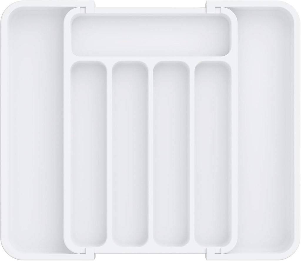 Silverware Drawer Organizer, Adjustable Utensil Cutlery Tray | Expandable Kitchen Organizer for Forks Knives, Multipurpose Kitchen Storage , Apartment Essentials, White, Medium