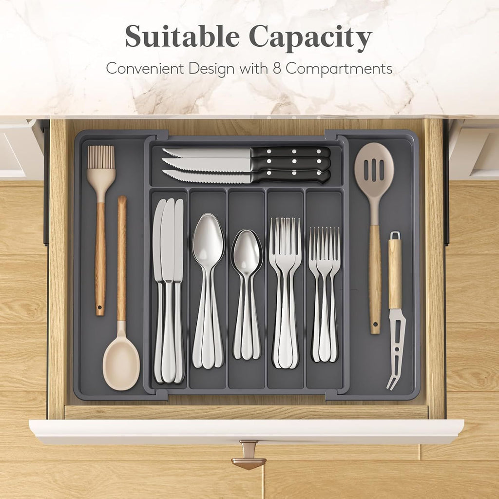 Silverware Drawer Organizer, Expandable Utensil Tray for Kitchen, BPA Free Flatware and Cutlery Holder, Adjustable Plastic Storage for Spoons Forks Knives, 10.9"-17.5" x 13.7", Dark Grey