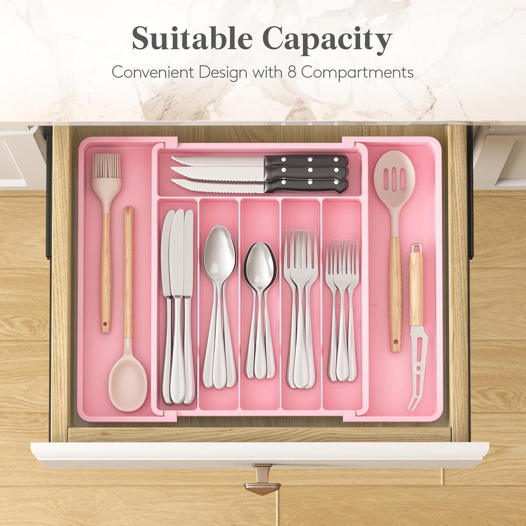 Silverware Drawer Organizer, Expandable Utensil Tray for Kitchen, BPA Free Flatware and Cutlery Holder, Adjustable Plastic Storage for Spoons Forks Knives, 10.9"-17.5" x 13.7", Pink