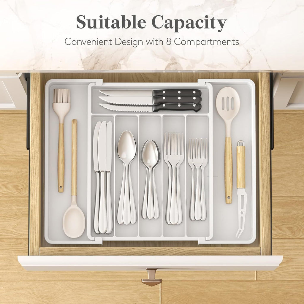 Silverware Drawer Organizer, Expandable Utensil Tray for Kitchen, BPA Free Flatware and Cutlery Holder, Adjustable Plastic Storage for Spoons Forks Knives, 10.9"-17.5" x 13.7", White