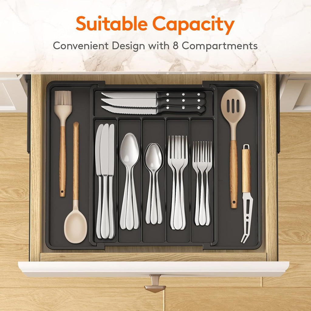 Silverware Drawer Organizer, Expandable Utensil Tray for Kitchen, BPA Free Flatware and Cutlery Holder, Adjustable Plastic Storage for Spoons Forks Knives, 11-18 x 14", Black