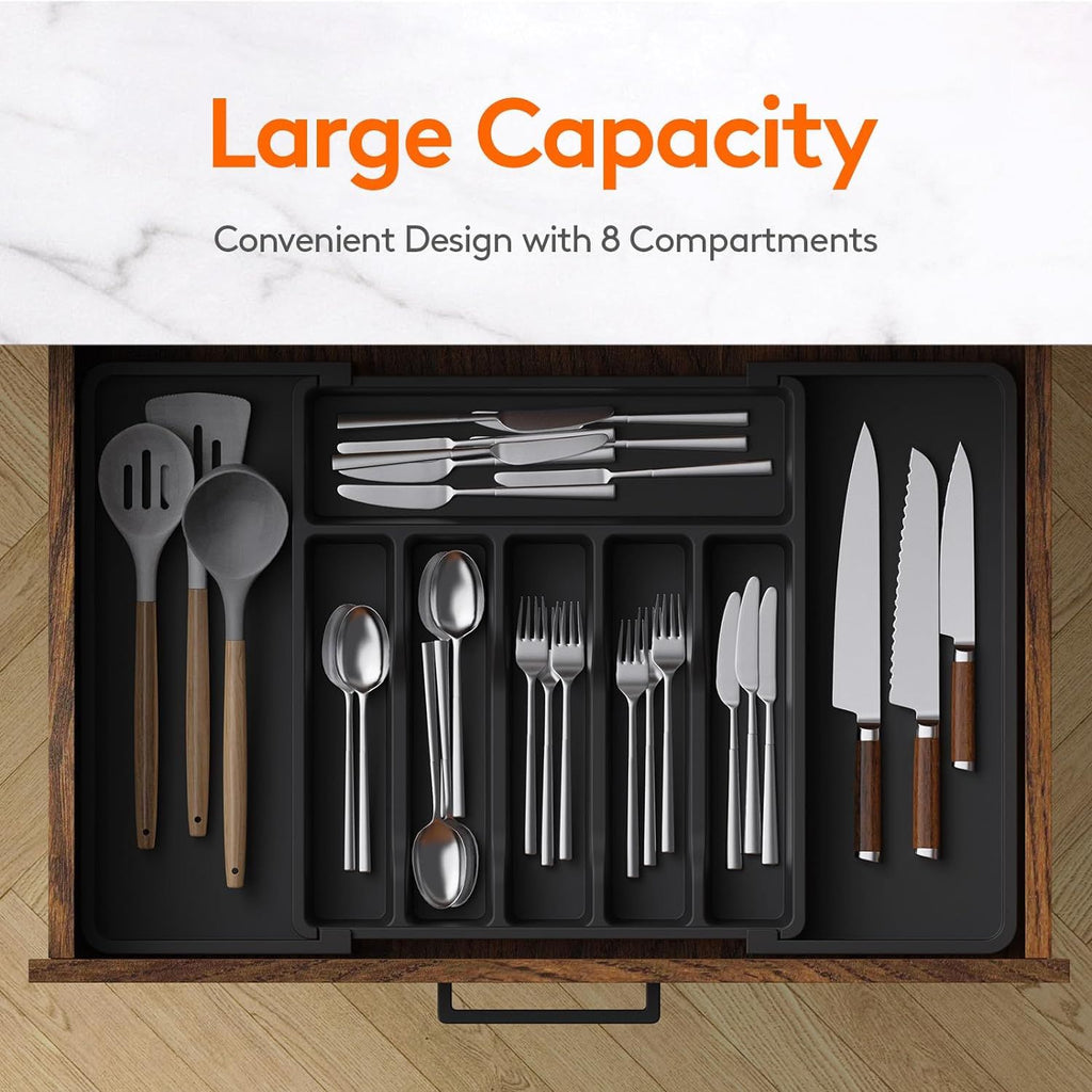 Silverware Drawer Organizer, Expandable Utensil Tray for Kitchen, BPA Free Flatware and Cutlery Holder, Adjustable Plastic Storage for Spoons Forks Knives, 13-22 x 15", Black