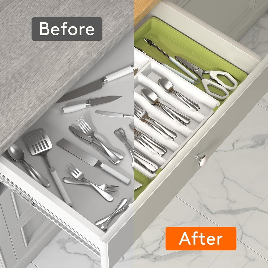 Silverware Drawer Organizer, Expandable Utensil Tray for Kitchen, BPA Free Flatware and Cutlery Holder, Adjustable Plastic Storage for Spoons Forks Knives, 13-22 x 15", Green&White