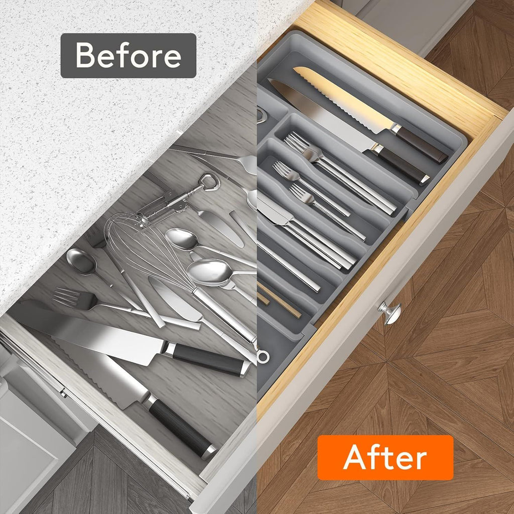 Silverware Drawer Organizer, Expandable Utensil Tray for Kitchen, BPA Free Flatware and Cutlery Holder, Adjustable Plastic Storage for Spoons Forks Knives, 13-22 x 15", Grey