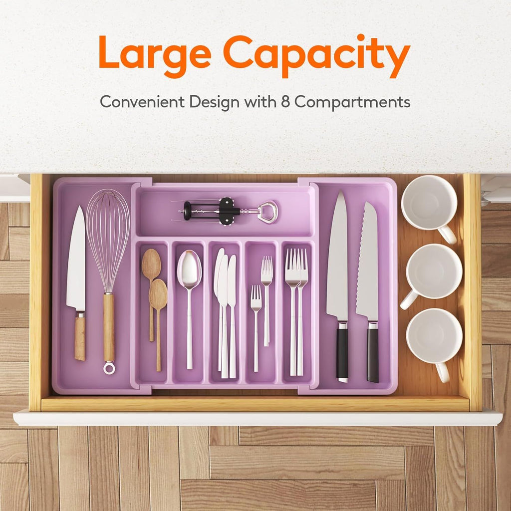Silverware Drawer Organizer, Expandable Utensil Tray for Kitchen, BPA Free Flatware and Cutlery Holder, Adjustable Plastic Storage for Spoons Forks Knives, 13-22 x 15", Purple