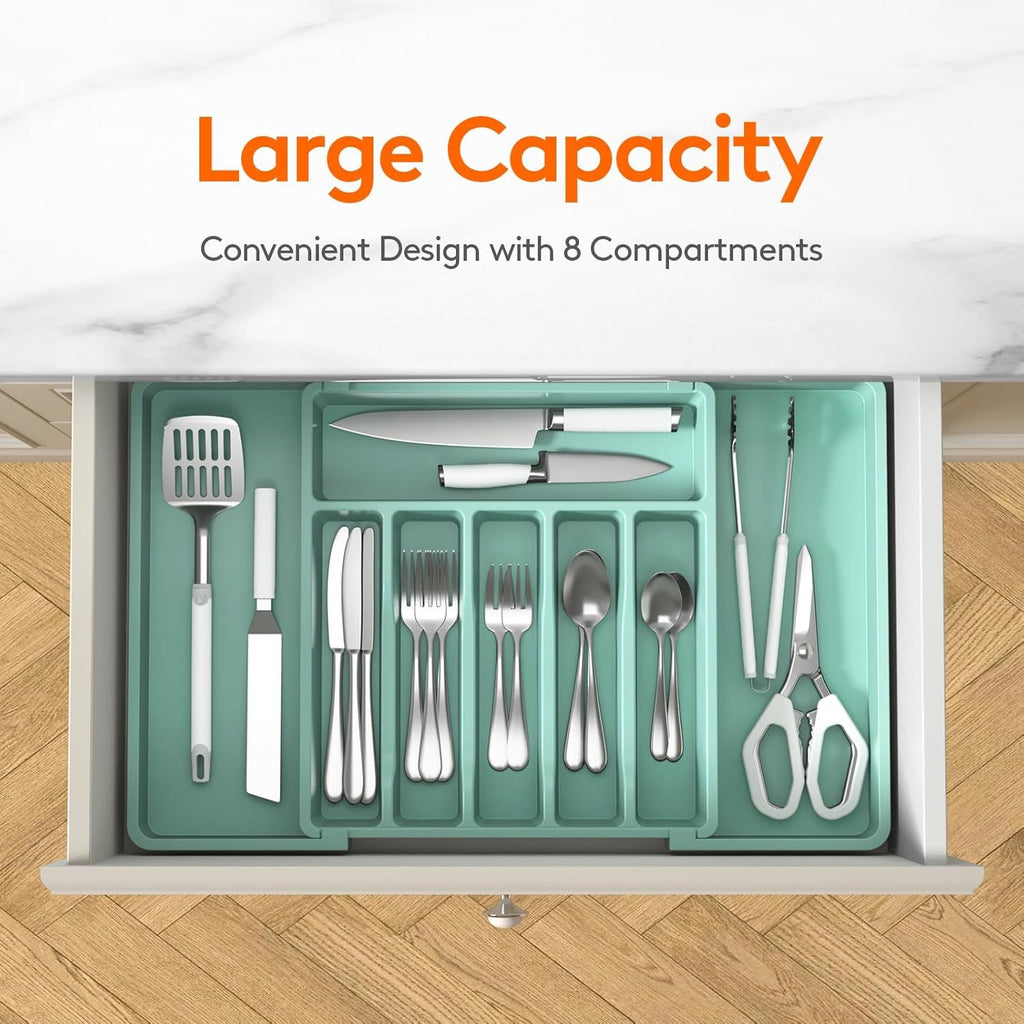 Silverware Drawer Organizer, Expandable Utensil Tray for Kitchen, BPA Free Flatware and Cutlery Holder, Adjustable Plastic Storage for Spoons Forks Knives, 13-22 x 15", Turquoise