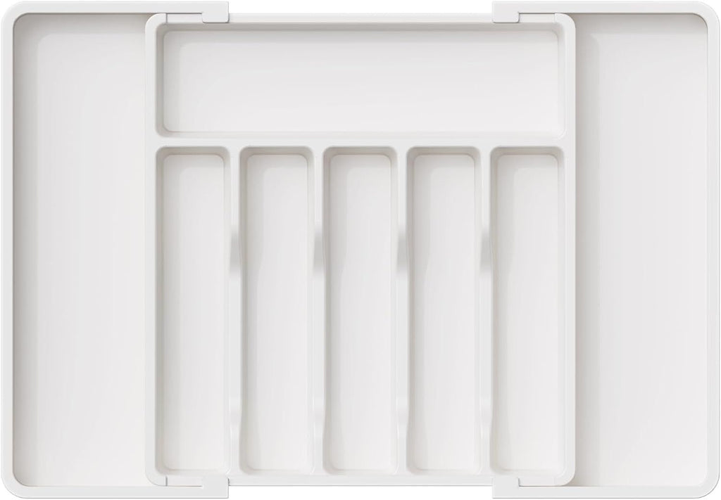 Silverware Drawer Organizer, Expandable Utensil Tray for Kitchen, BPA Free Flatware and Cutlery Holder, Adjustable Plastic Storage for Spoons Forks Knives, 13-22 x 15", White