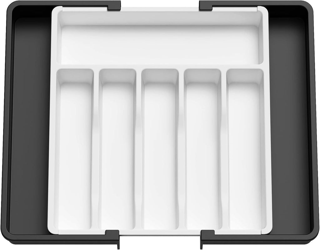 Silverware Drawer Organizer, Expandable Utensil Tray for Kitchen, BPA Free Flatware and Cutlery Holder, Adjustable Plastic Storage for Spoons Forks Knives, 13-22 x 15", White&Black