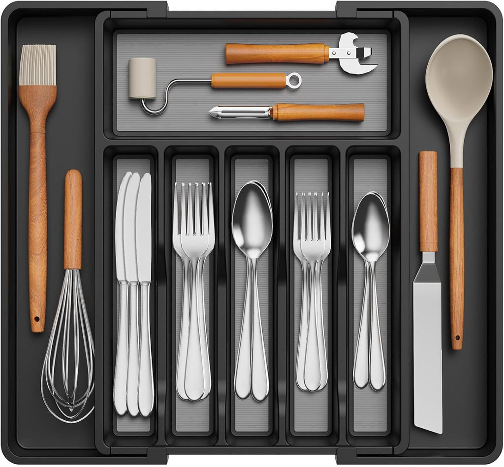 Silverware Drawer Organizer, Expandable Utensil Tray for Kitchen, BPA Free Flatware and Cutlery Holder, Adjustable Plastic Storage for Spoons Forks Knives, 33 -57 x 42cm, Black and Gray
