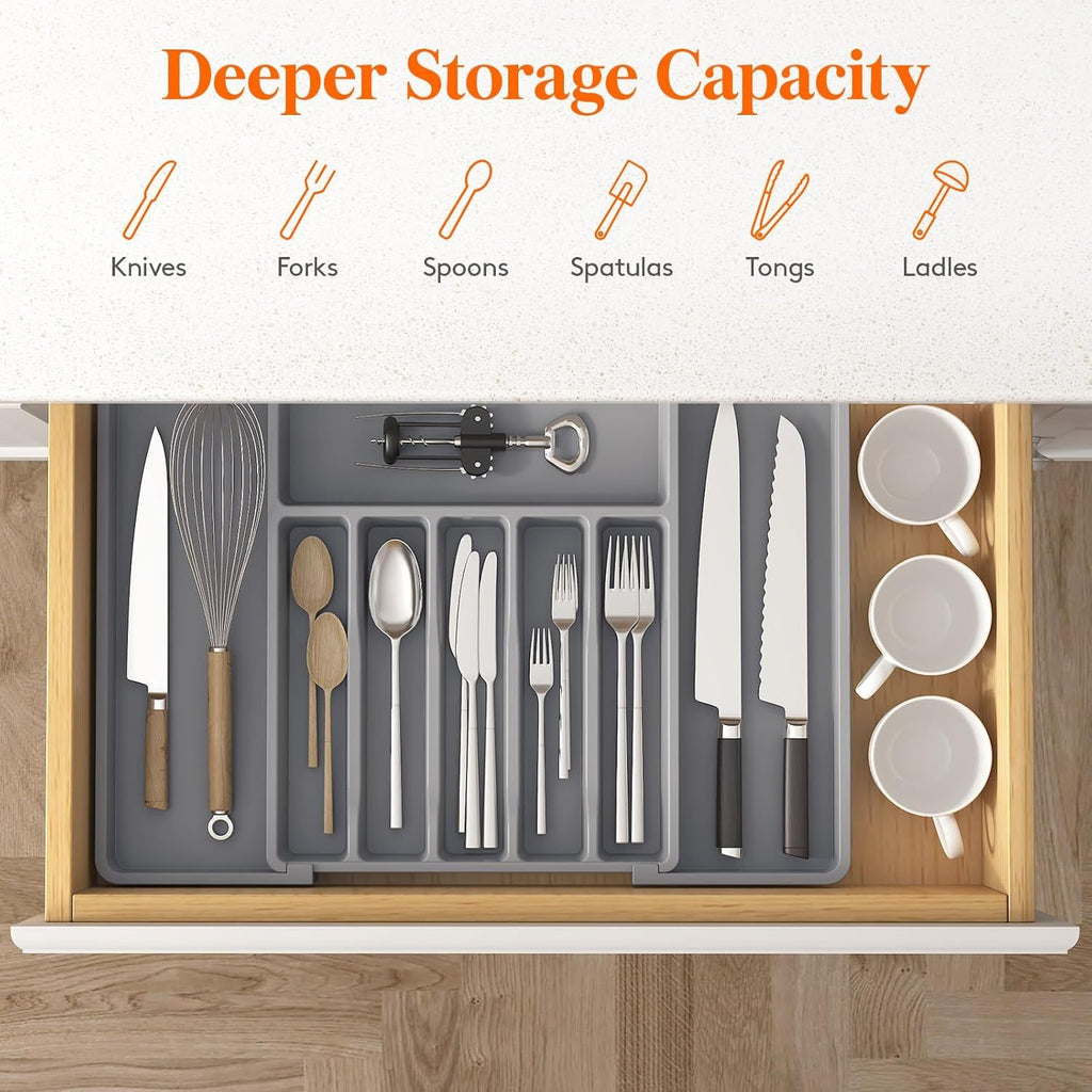 Silverware Drawer Organizer, Expandable Utensil Tray for Kitchen, BPA Free Flatware and Cutlery Holder, Adjustable Plastic Storage for Spoons Forks Knives, 33 -57 x 42cm, Gray