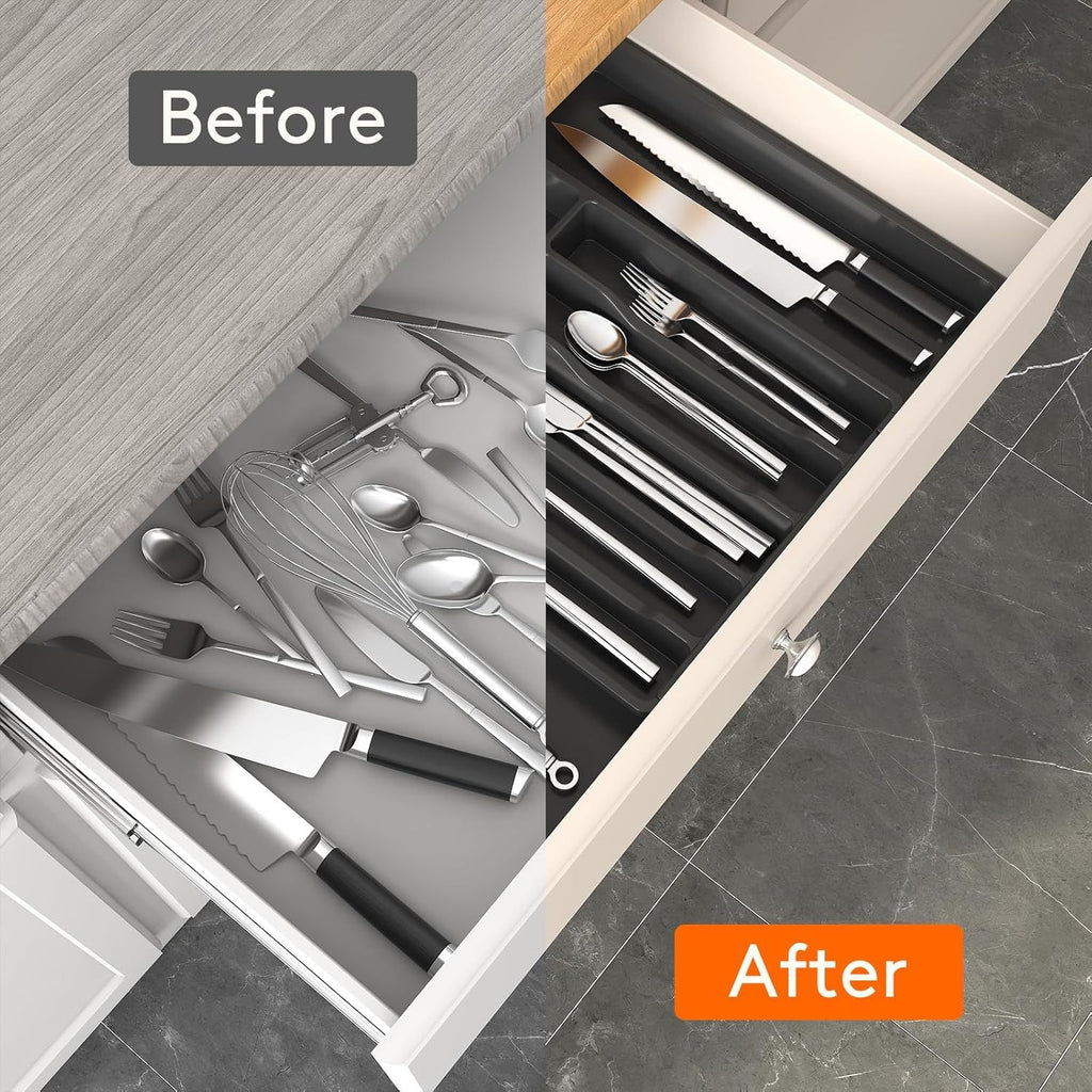Silverware Drawer Organizer, Expandable Utensil Tray for Kitchen, BPA Free Flatware and Cutlery Holder, Adjustable Plastic Storage for Spoons Forks Knives, 33 -57 x 42cm, White and Gray
