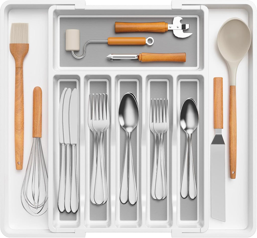 Silverware Drawer Organizer, Expandable Utensil Tray for Kitchen, BPA Free Flatware and Cutlery Holder, Adjustable Plastic Storage for Spoons Forks Knives, 33 -57 x 42cm, White and Gray