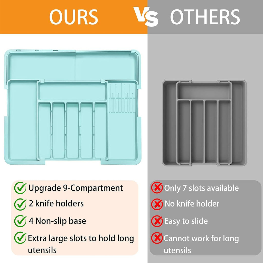 Silverware Organizer - Expandable Large Kitchen Drawer Organizer Utensil Organizer with 2 Knife Block Inserts, 22"x 19"Cutlery Tray with Drawer Dividers for Kitchen Flatware (Turquoise)