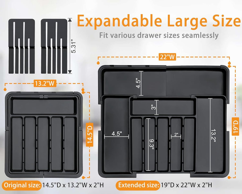 Silverware Organizer - Expandable Large Kitchen Drawer Organizer Utensil Organizer with 2 Removable Knife Blocks, 22"x 19"Cutlery Tray Drawer Dividers for Kitchen Flatware(6-9 Slots) (Black)