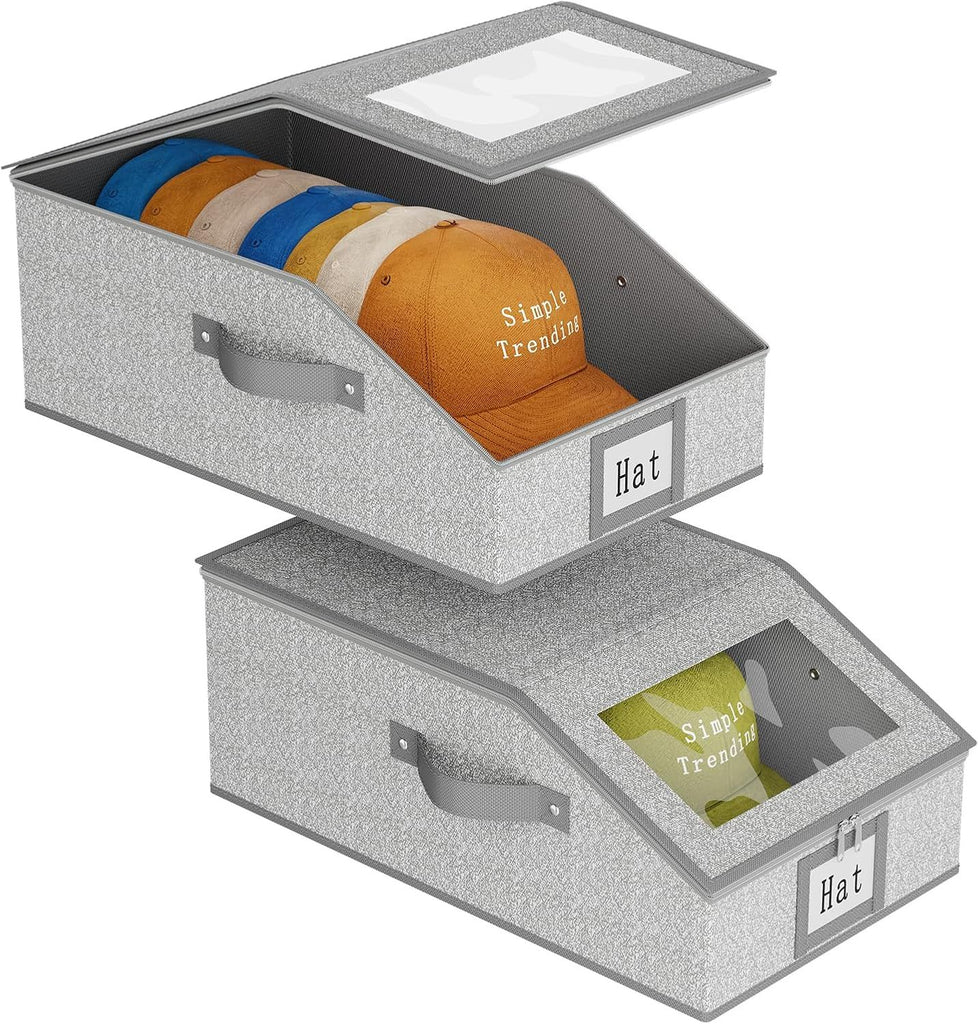 Simple Trending Hat Organizer for Baseball Caps, 2PCS Stackable Storage with Clear Window Lid,Hat Box for Closet, Holds up to 24 Caps Hat Organizer for Closet, Grey