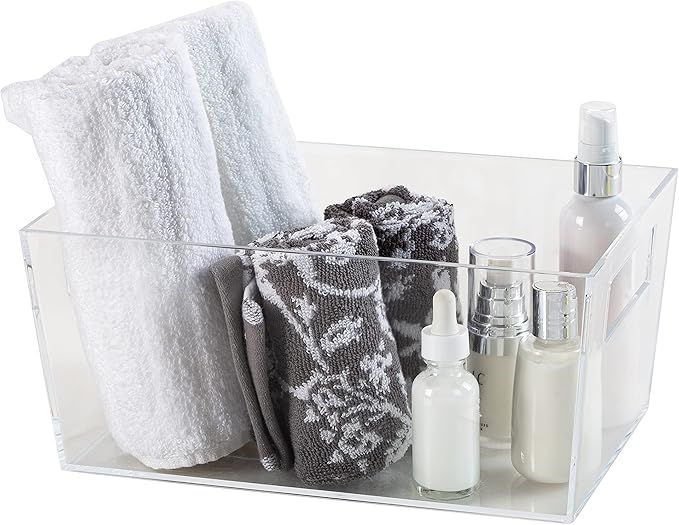 Simplify Medium Multi-Purpose Storage Tote | Plastic Bin with Handles | Bathroom | Office | Kitchen | Organization | Accessories | Toys | Cosmetics | Clothes | Clear