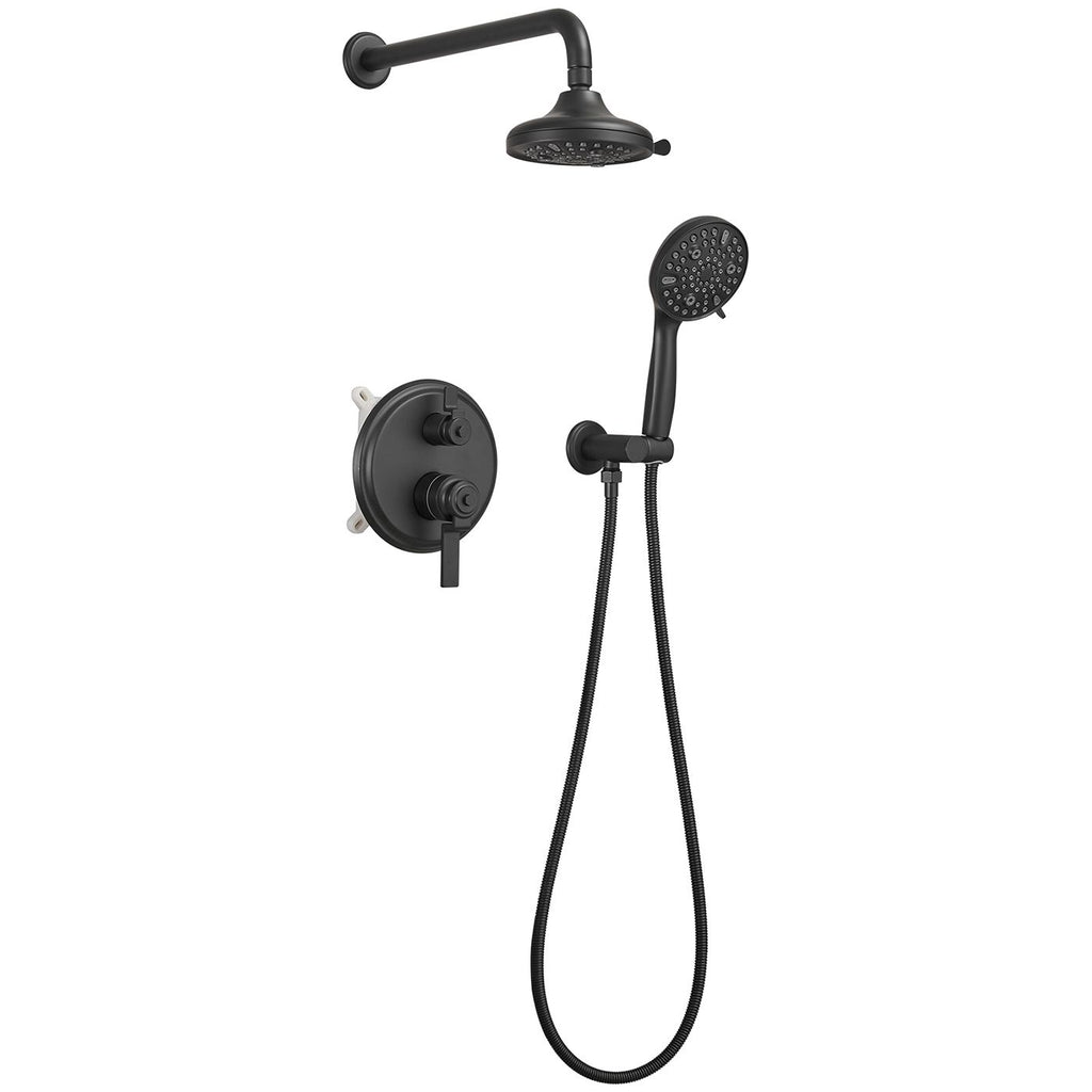Single-Handle 1-Spray Round Rain Shower Faucet Combo Set with Dual Function Pressure Balance Valve in Matte Black