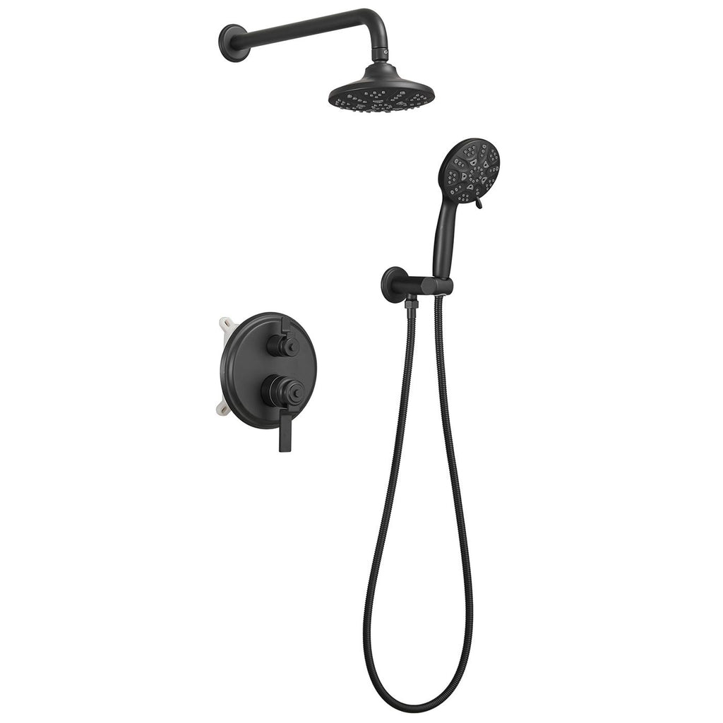 Single-Handle 1-Spray Round Rain Shower Faucet Combo Set with Dual Function Pressure Balance Valve in Matte Black