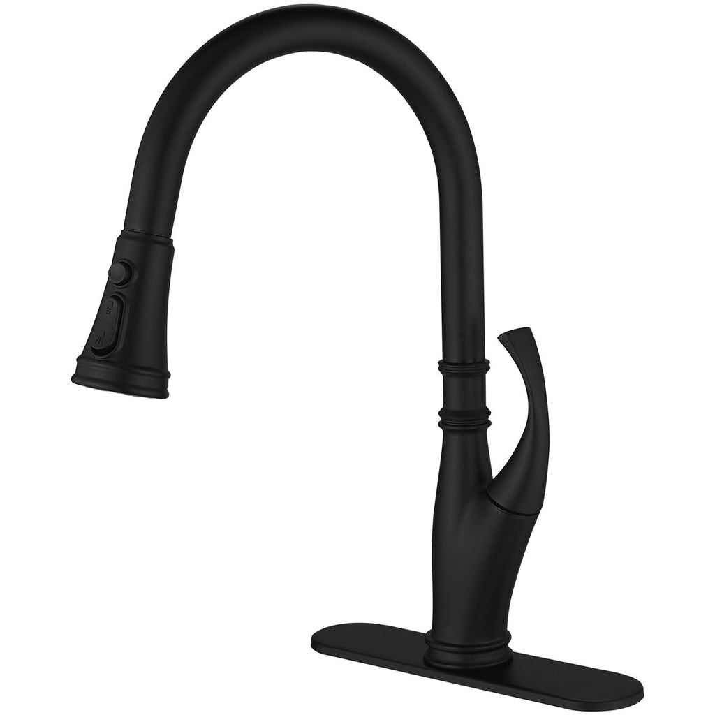 Single-Handle Pull-Down Sprayer 3 Spray High Arc Kitchen Faucet With Deck Plate in Matte Black