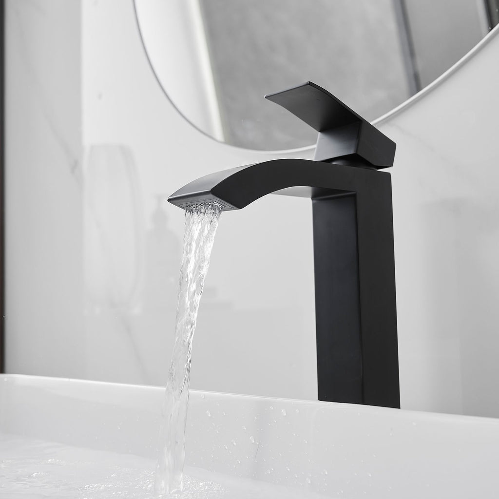 Single Hole Single Handle High Arc Vessel Bathroom Faucet With Pop Up Drain Without Overflow in Matte Black