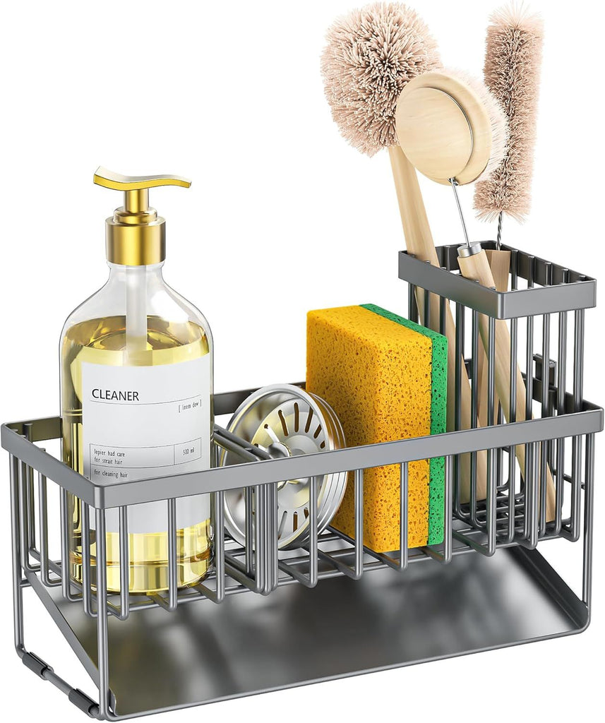 Sink Caddy Organzier with High Brush Holder, Sponge Holder for Sink, 304 Rustproof Stainless, Kitchen Countertop Soap Dispenser Organizer, Dark Gray Kitchen Decor and Accessories