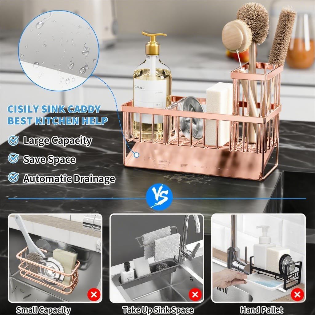 Sink Caddy Organzier with High Brush Holder, Sponge Holder for Sink, 304 Rustproof Stainless, Kitchen Countertop Soap Dispenser Organizer, Rose Gold Kitchen Decor and Accessories