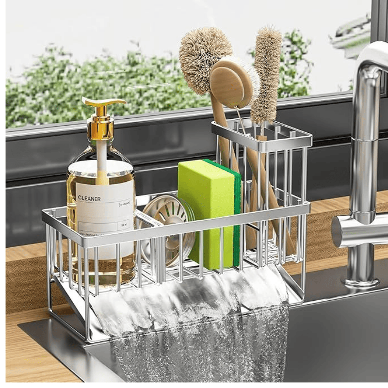 Sink Caddy Sponge Holder for Kitchen, 304 Stainless Steel Rustproof, Kitchen Sink Caddy with High Brush Holder, Dish Sponge Organizer with Divider(Silver)