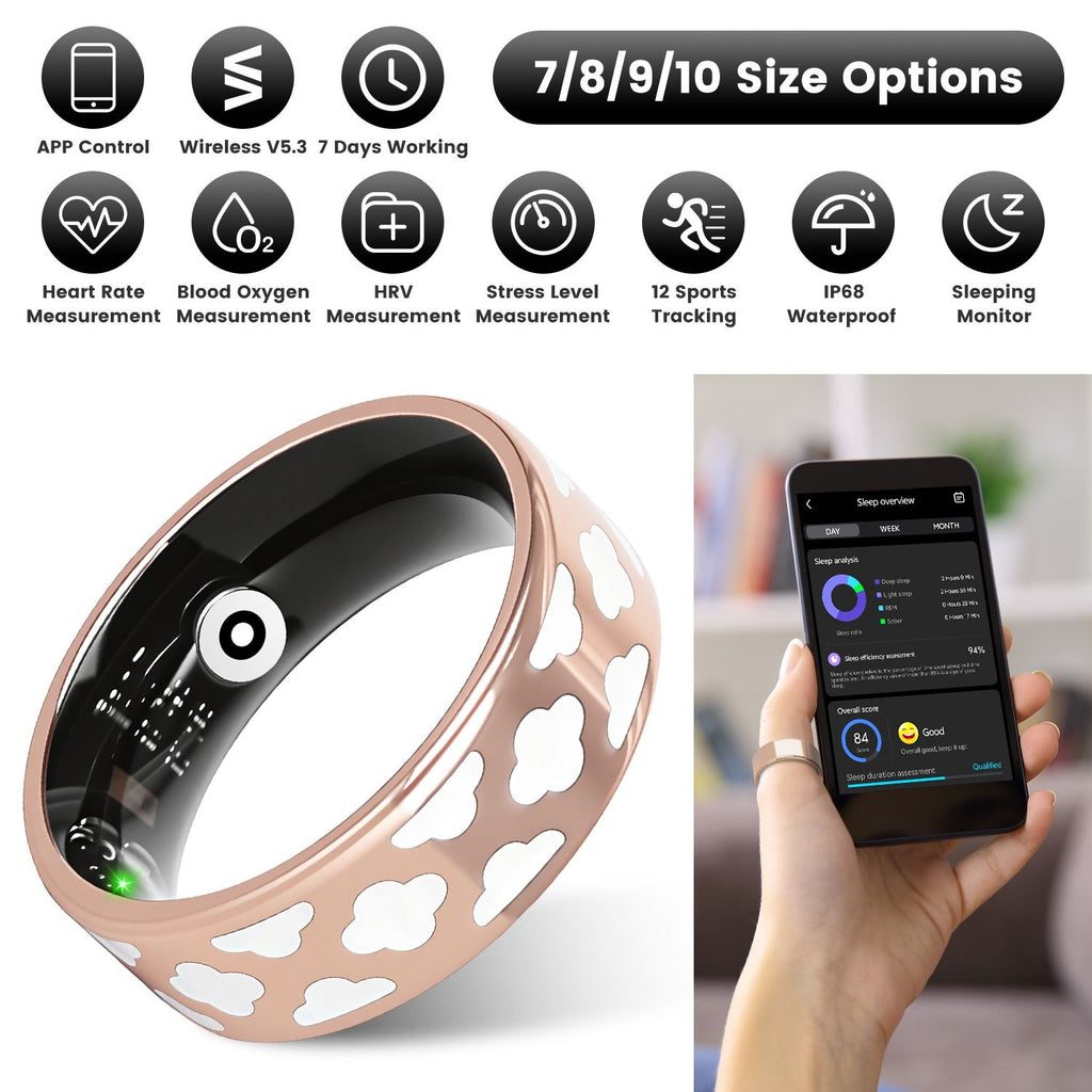 Size7/8/9/10 Options -- 1Pc Smart Ring Health Tracker Fitness/Sleep/Stress/HRV Tracker with Charging Case Magnetic Charging Cable for Women & Men Compatible with iOS & Android 7-Day Battery Life