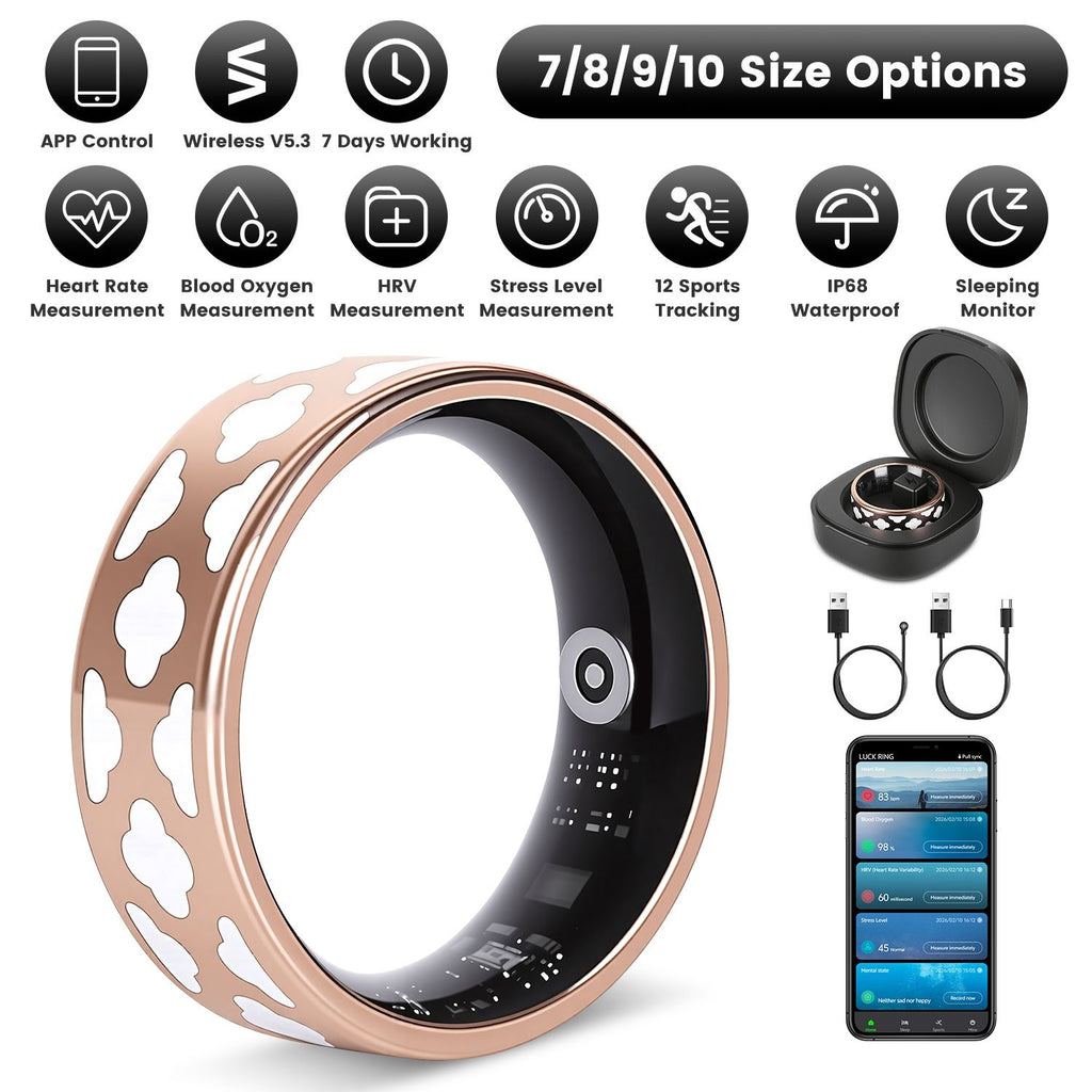 Size7/8/9/10 Options -- 1Pc Smart Ring Health Tracker Fitness/Sleep/Stress/HRV Tracker with Charging Case Magnetic Charging Cable for Women & Men Compatible with iOS & Android 7-Day Battery Life