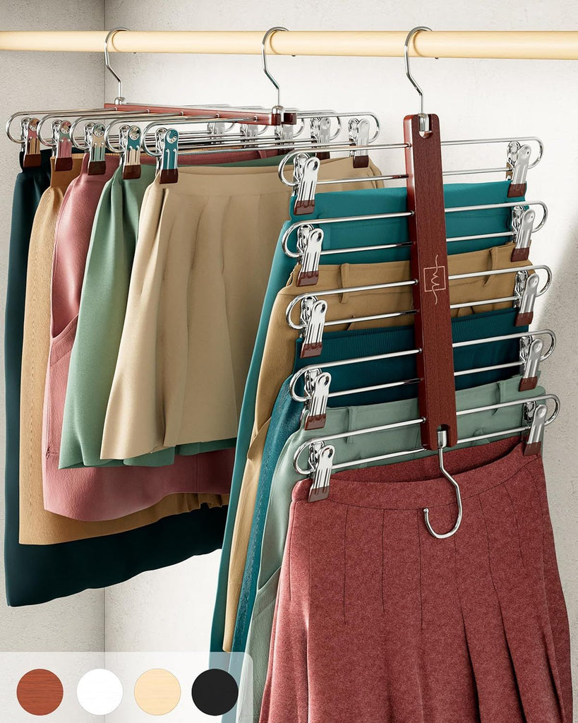 Skirt Hangers Space Saving with Clips - 2 Pack - European Beechwood 5-Tier Hanger for Shorts, Skirts, and Pants - Closet Organizer and Storage Solution for Women with 360° Swivel Hook