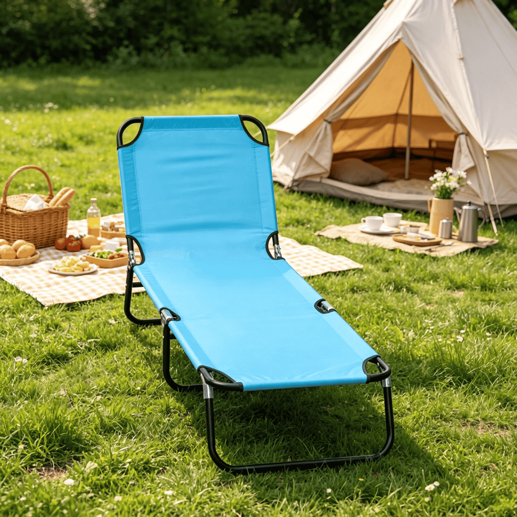 Sky Blue Folding Chaise Lounge Pool Chair Outdoor Sun Tanning Recliner with 5-Level Back Adjustment Steel Frame for Beach Yard Patio