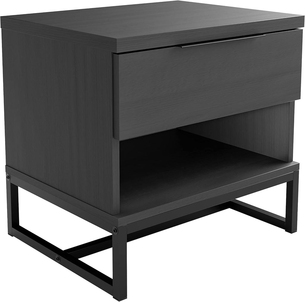 Sleep Catania One Drawer Nightstand with Open Storage Shelf: Modern Bedroom Storage Side Table, Black