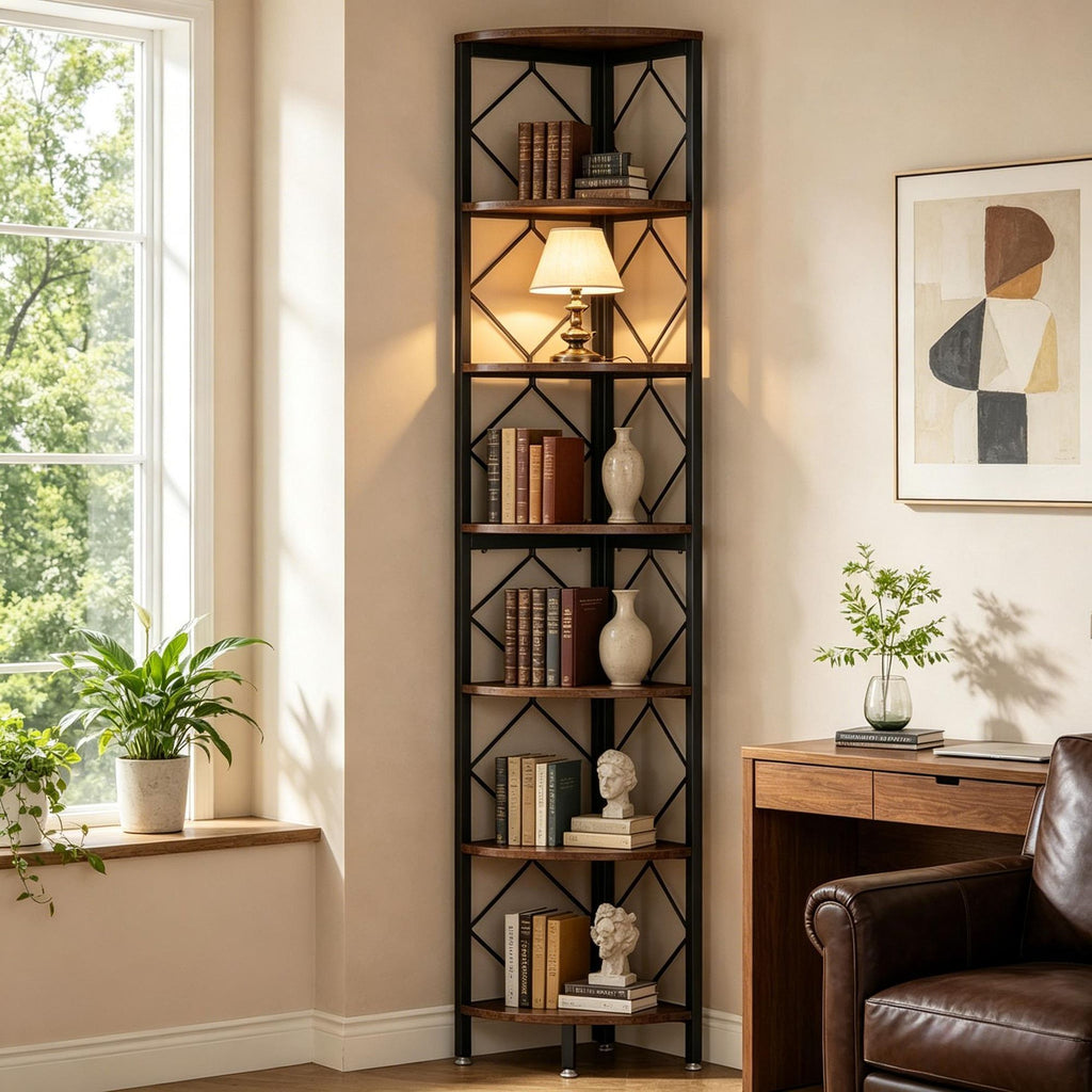 Slim 7-Tier Corner Shelf 78.7 Inch Bookcase Metal Storage Rack for Living Room Bedroom Kitchen Organizer