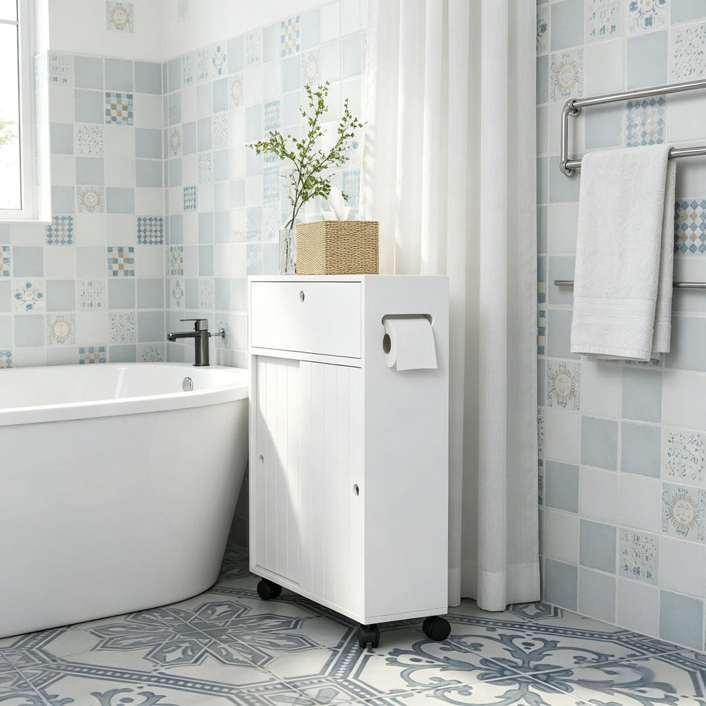 Slim Bathroom Cabinet with 4 Rolling Wheels White Toilet Paper Holder Storage with Paper Holes Sliding Doors Adjustable Shelf for Small Space