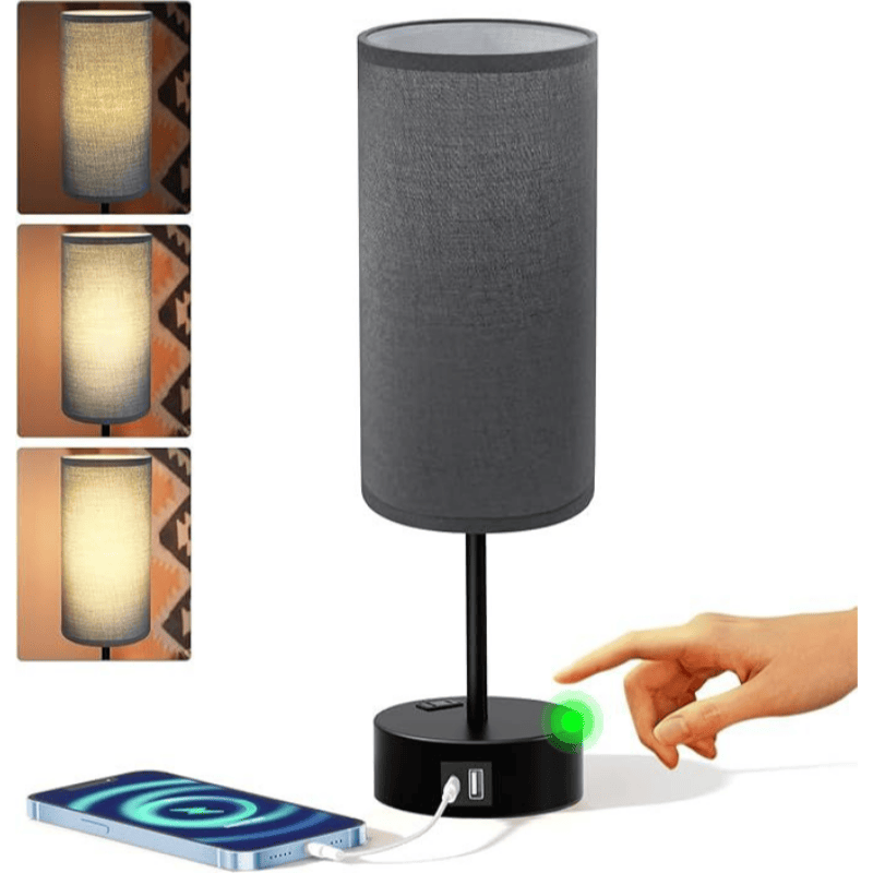 Small Bedside Lamp Touch Control Table Lamp with USB A+C Charging Ports & AC Outlet 3-Way Dimmable Nightstand Lamp with Linen Fabric Shade for Bedroom Living Room