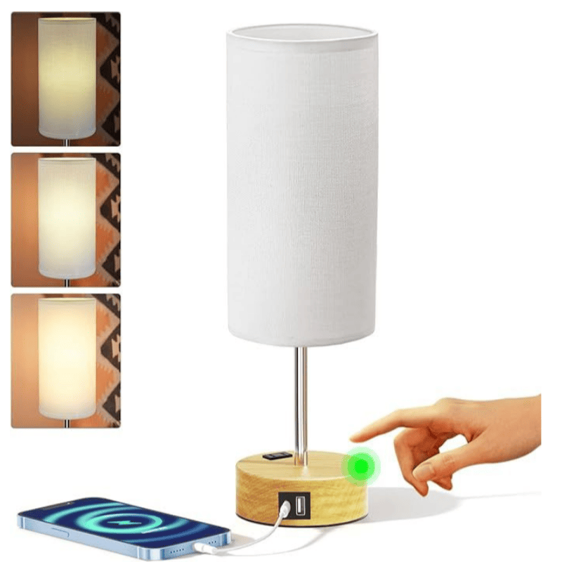 Small Bedside Lamp Touch Control Table Lamp with USB A+C Charging Ports & AC Outlet 3-Way Dimmable Nightstand Lamp with Linen Fabric Shade for Bedroom Living Room