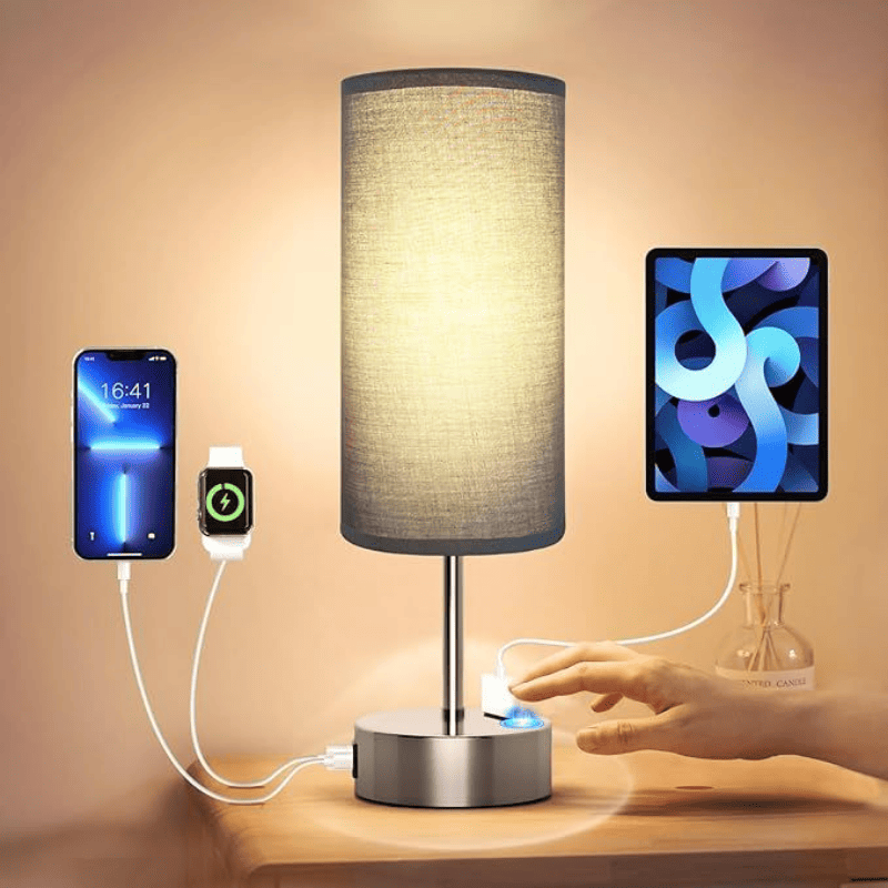 Small Bedside Lamp Touch Control Table Lamp with USB A+C Charging Ports & AC Outlet 3-Way Dimmable Nightstand Lamp with Linen Fabric Shade for Bedroom Living Room