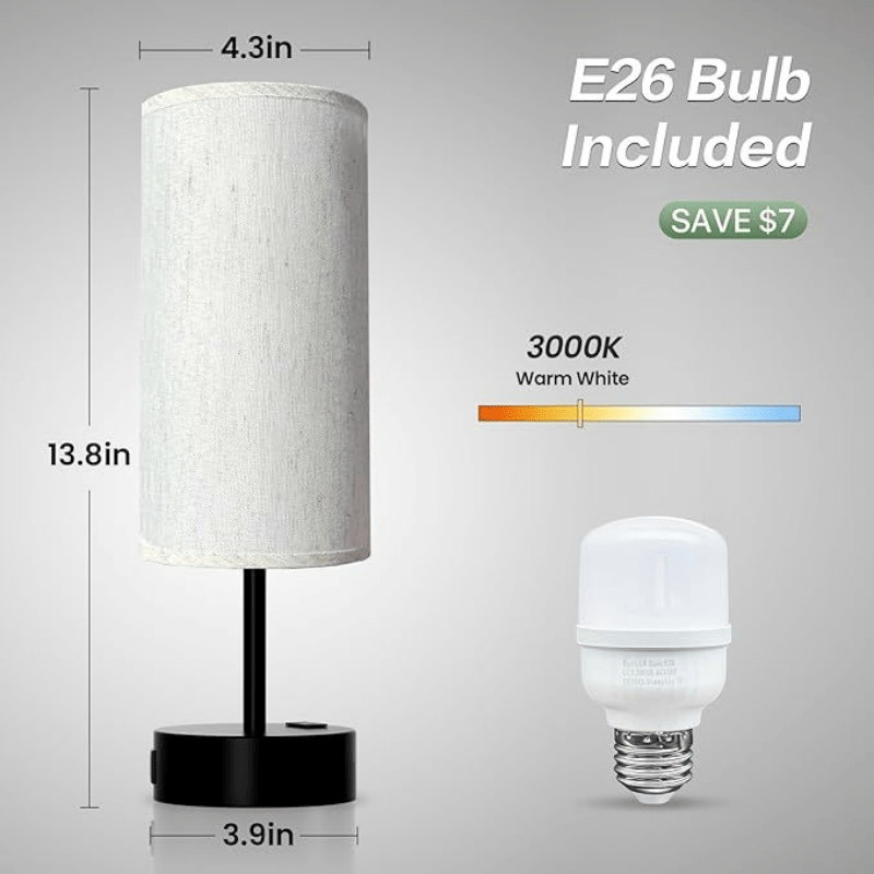 Small Bedside Lamp Touch Control Table Lamp with USB A+C Charging Ports & AC Outlet 3-Way Dimmable Nightstand Lamp with Linen Fabric Shade for Bedroom Living Room