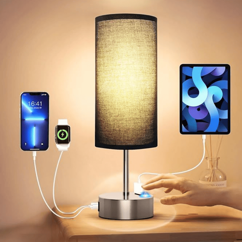 Small Bedside Lamp Touch Control Table Lamp with USB A+C Charging Ports & AC Outlet 3-Way Dimmable Nightstand Lamp with Linen Fabric Shade for Bedroom Living Room
