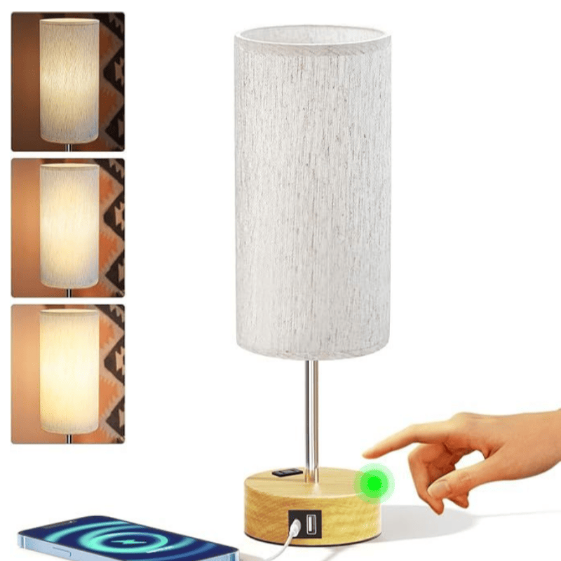Small Bedside Lamp Touch Control Table Lamp with USB A+C Charging Ports & AC Outlet 3-Way Dimmable Nightstand Lamp with Linen Fabric Shade for Bedroom Living Room