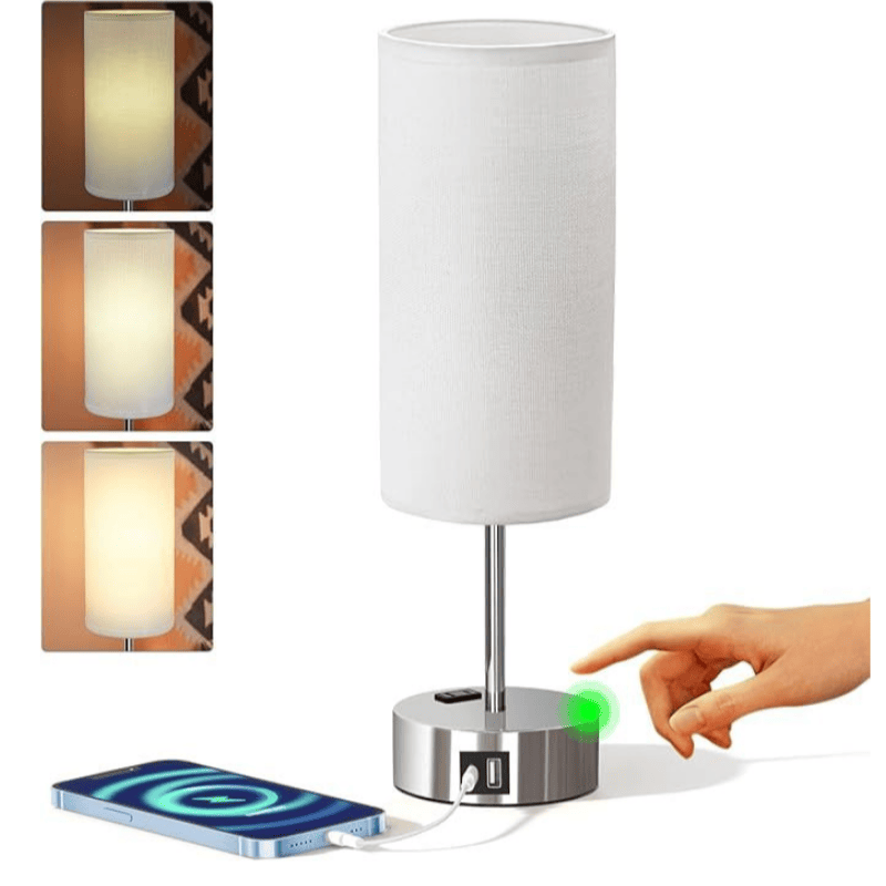Small Bedside Lamp Touch Control Table Lamp with USB A+C Charging Ports & AC Outlet 3-Way Dimmable Nightstand Lamp with Linen Fabric Shade for Bedroom Living Room