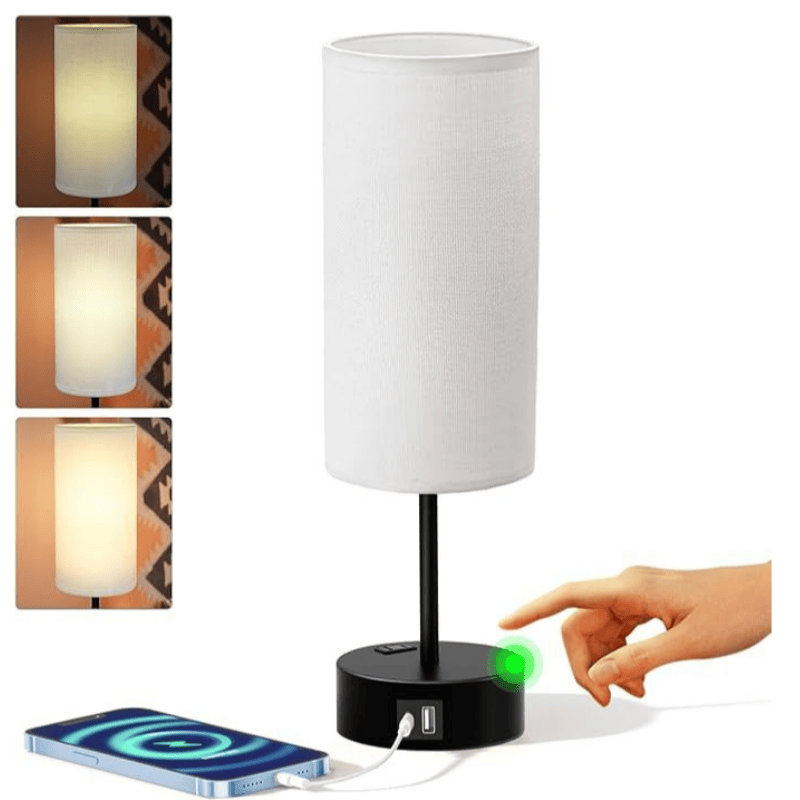 Small Bedside Lamp Touch Control Table Lamp with USB A+C Charging Ports & AC Outlet 3-Way Dimmable Nightstand Lamp with Linen Fabric Shade for Bedroom Living Room