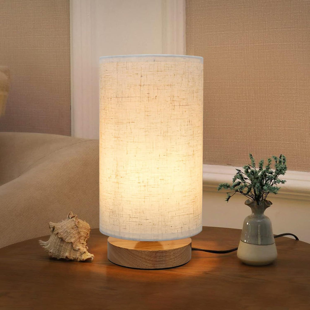 Small Bedside Night Table Lamp for Bedroom, Minimalist Nightstand Lamp with Round Fabric Linen Shade, Study Reading Desk Lamp for Kids Room