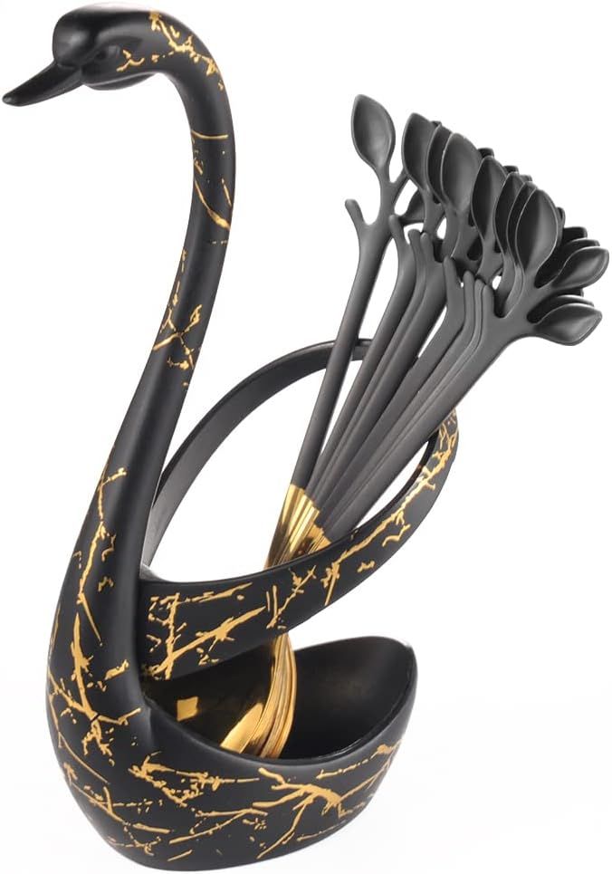 Small Coffee Spoon Holder Set,Black Swan Base With 10 Pcs Black & Gold Demitasse Espresso Spoons Set,4.7" Mini Leaf Dessert Spoon,Stainless Steel Tea Spoons