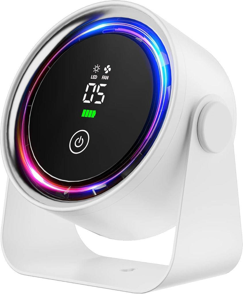 Small Desk Fan 5000mAh Rechargeable Battery Powered -Retro Low Noise Quiet Portable Gentle Blowing with LED Night Light Office Bedroom Table Top Wall Hanging Kitchen Camping Dorm 5-Speed 360° Rotation