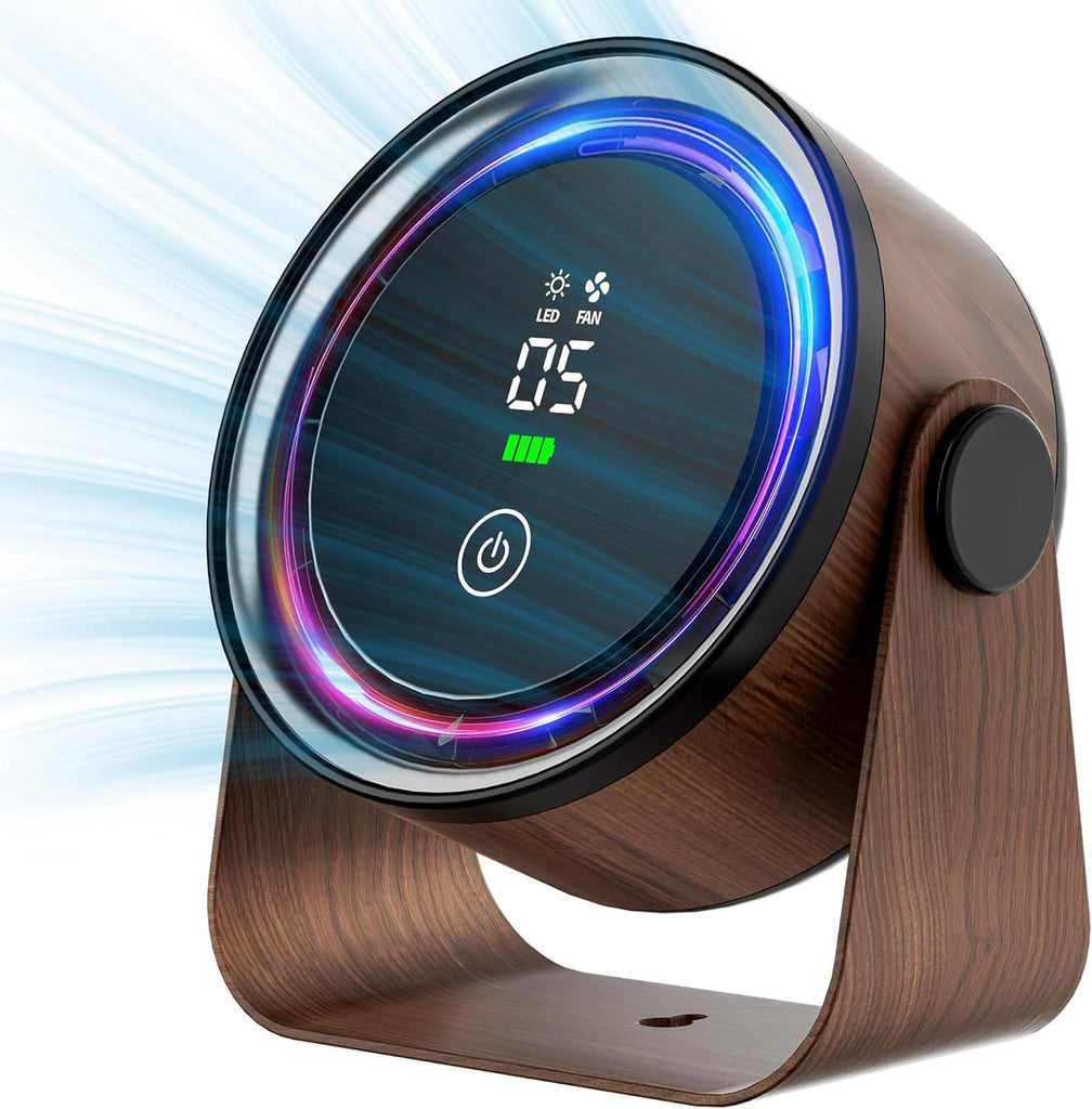 Small Desk Fan 5000mAh Rechargeable Battery Powered -Retro Low Noise Quiet Portable Gentle Blowing with LED Night Light Office Bedroom Table Top Wall Hanging Kitchen Camping Dorm 5-Speed 360° Rotation