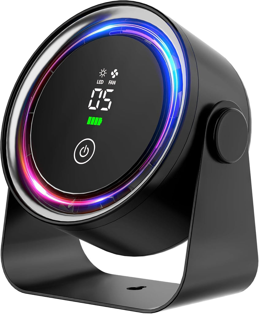Small Desk Fan 5000mAh Rechargeable Battery Powered -Retro Low Noise Quiet Portable Gentle Blowing with LED Night Light Office Bedroom Table Top Wall Hanging Kitchen Camping Dorm 5-Speed 360° Rotation