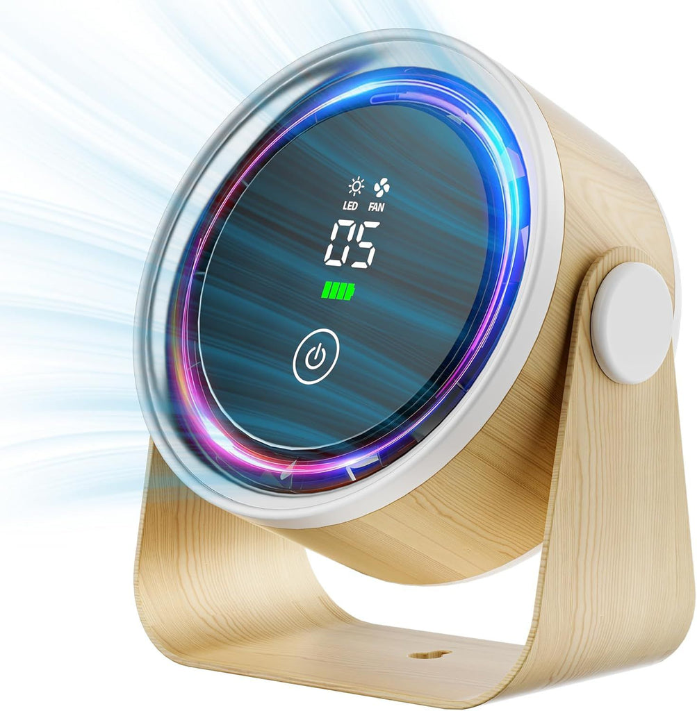 Small Desk Fan 5000mAh Rechargeable Battery Powered -Retro Low Noise Quiet Portable Gentle Blowing with LED Night Light Office Bedroom Table Top Wall Hanging Kitchen Camping Dorm 5-Speed 360° Rotation