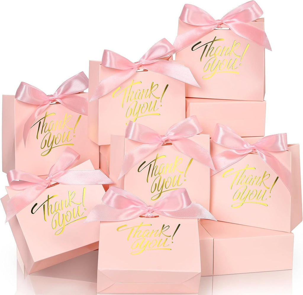 Small Gift Bags, 25 Pack 4.5x1.8x3.9 Inches Mini Thank You Bags Pink Kraft Paper Gift Bag with Bow Ribbon, Small Candy Bags Gift Bag Bulk for Birthday Wedding Baby Shower (Pink)
